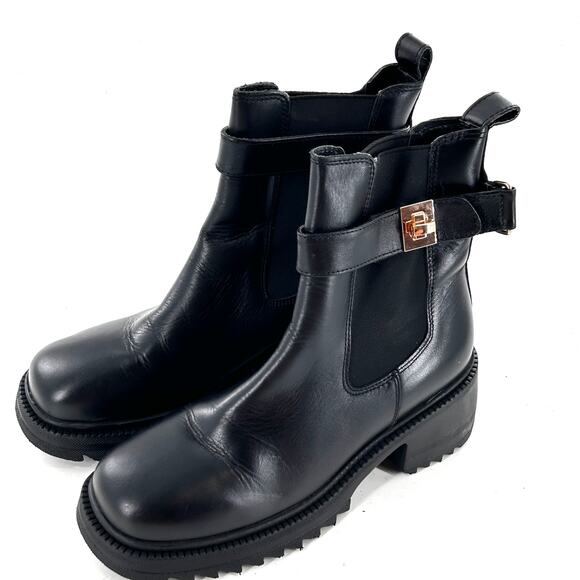 Steve Madden Gates Boots 8.5 Black NWOT Leather Buckle Chelsea Booties Lug - Picture 8 of 10